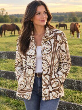 NIna Raynor Sz S Equestrian Print Bit Bridle Quilted Pockets Old Money Western